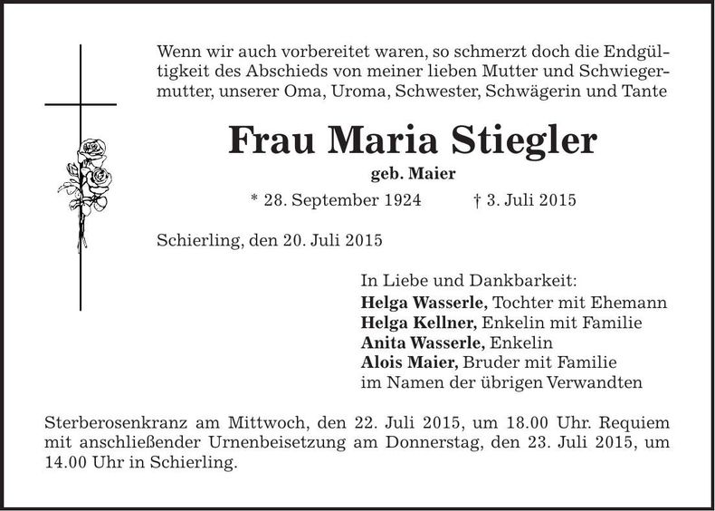 Traueranzeige Maria Stiegler