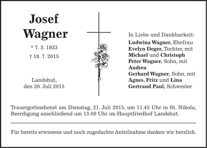 Traueranzeige Josef Wagner