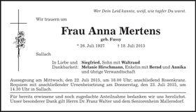 Traueranzeige Anna Mertens
