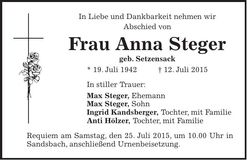 Traueranzeige Anna Steger