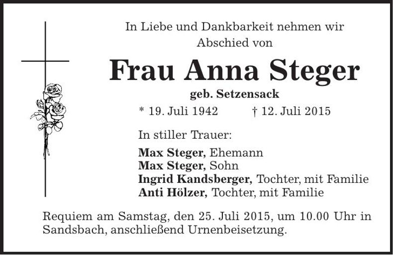 Traueranzeige Anna Steger