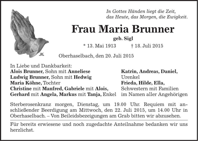 Traueranzeige Maria Brunner
