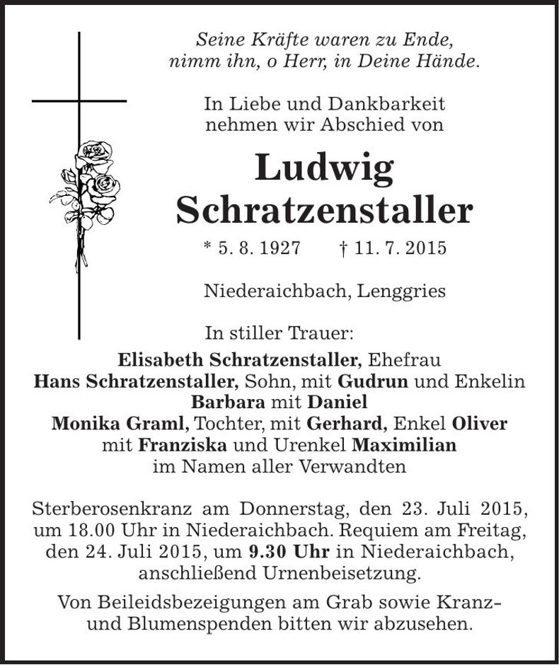 Traueranzeige Ludwig Schratzenstaller