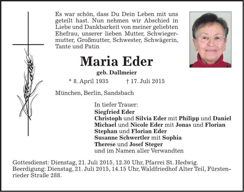 Traueranzeige Maria Eder