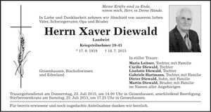 Traueranzeige Xaver Diewald