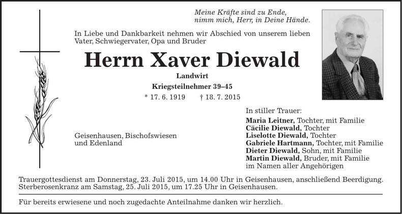 Traueranzeige Xaver Diewald