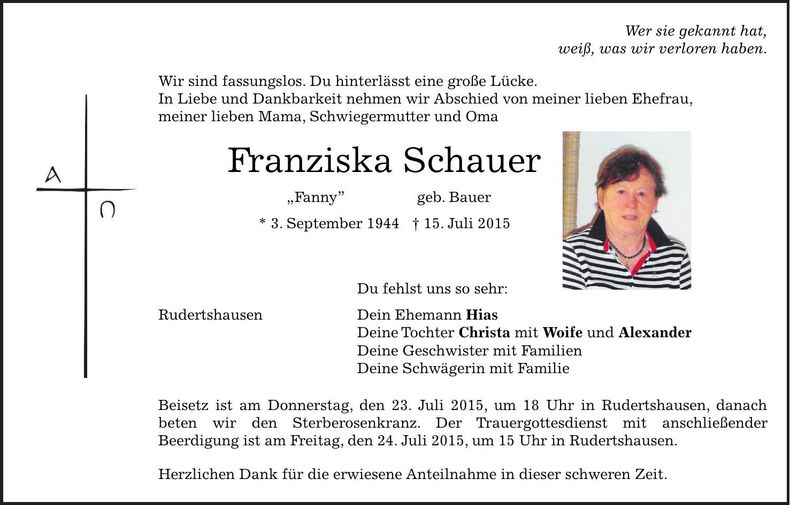 Traueranzeige Franziska Schauer