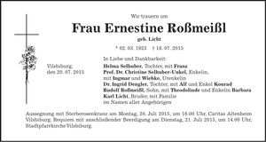 Traueranzeige Ernestine Roßmeißl