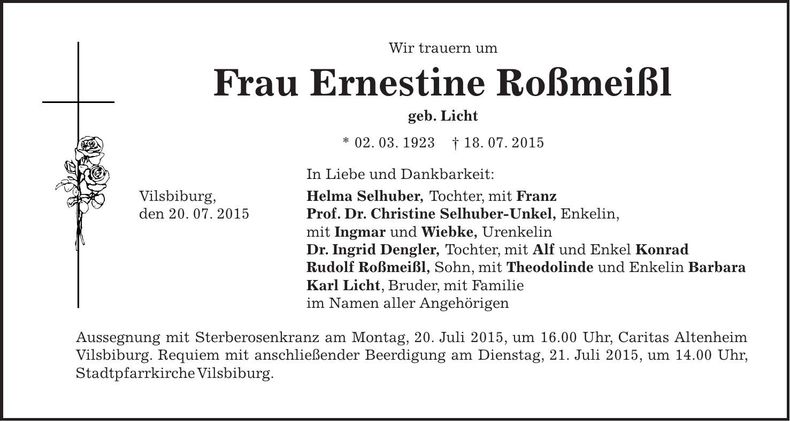 Traueranzeige Ernestine Roßmeißl