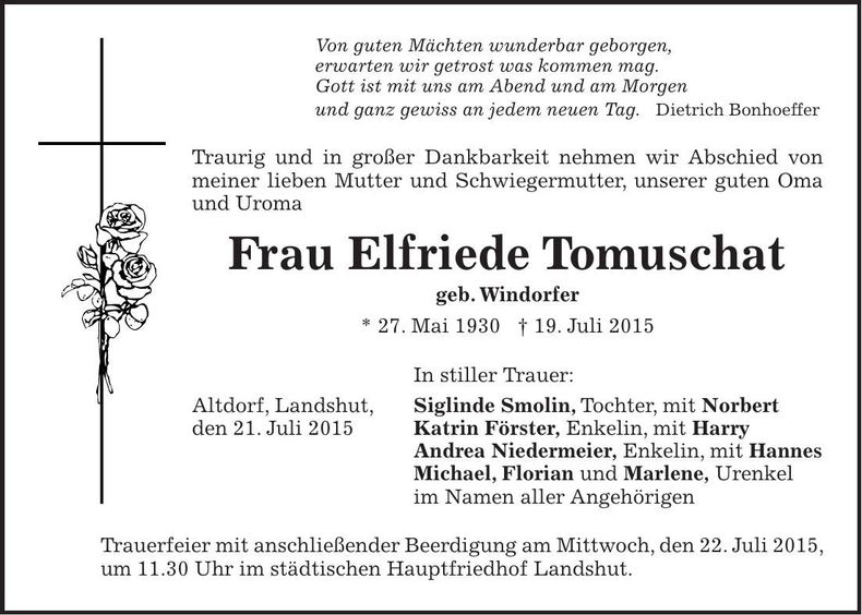 Traueranzeige Elfriede Tomuschat