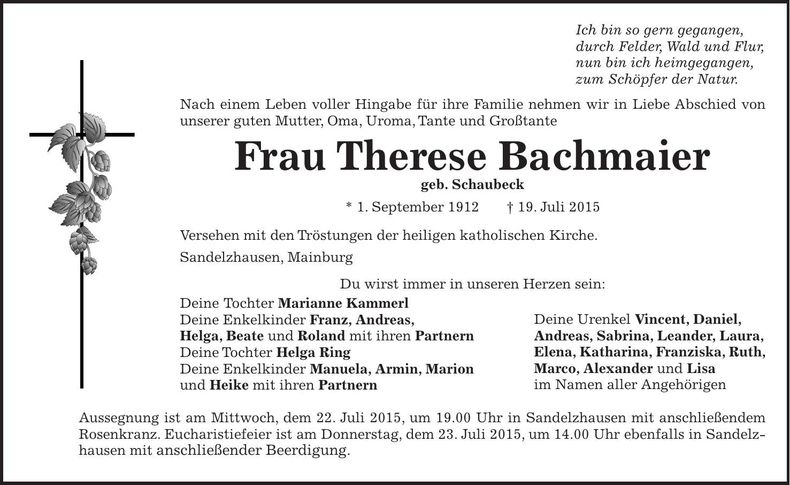 Traueranzeige Therese Bachmaier