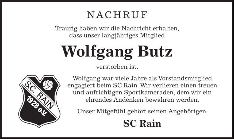 Traueranzeige Wolfgang Butz