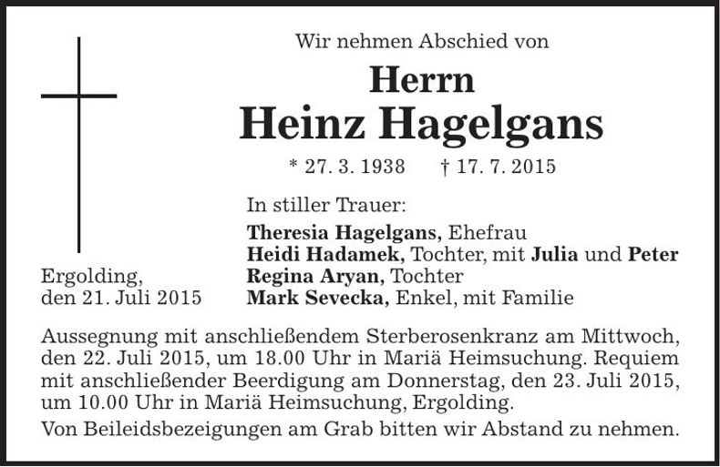 Traueranzeige Heinz Haglgans