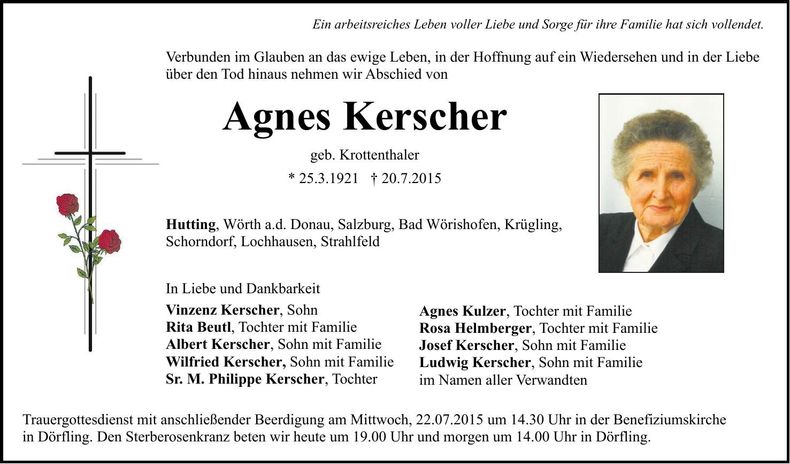 Traueranzeige Agnes Kerscher