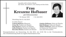 Traueranzeige Kreszenz Hofbauer