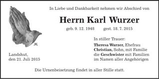 Traueranzeige Karl Wurzer