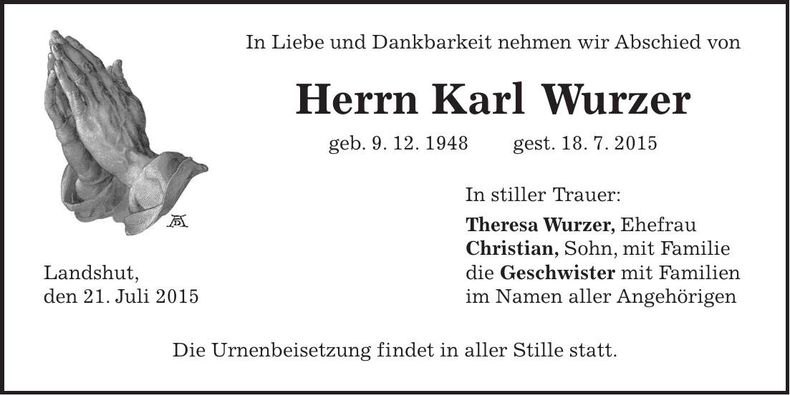 Traueranzeige Karl Wurzer