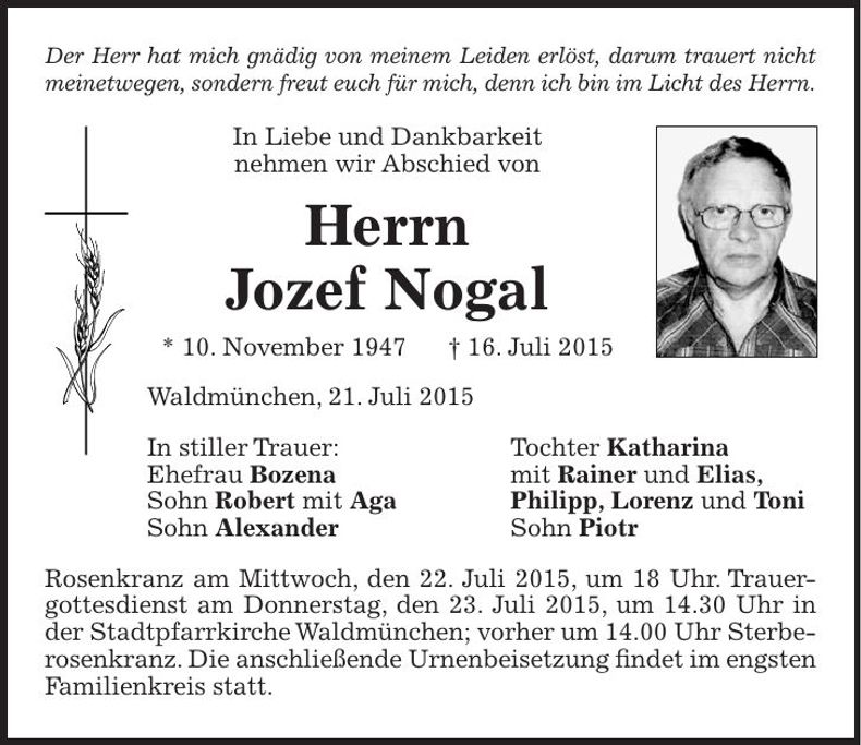 Traueranzeige Jozef Nogal