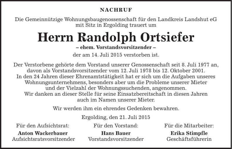 Traueranzeige Randolph Ortsiefer