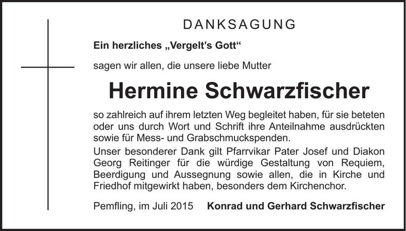 Traueranzeige Hermine Schwarzfischer