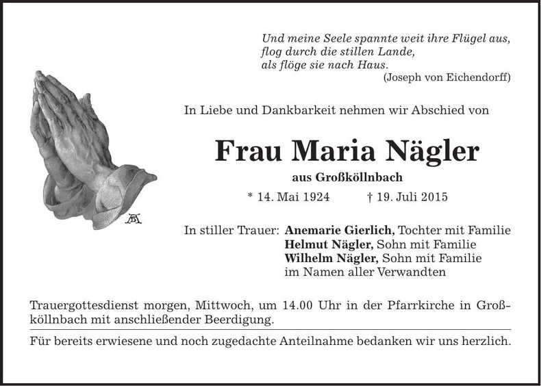 Traueranzeige Maria Nägler