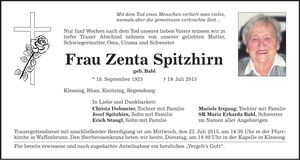 Traueranzeige Zenta Spitzhirn
