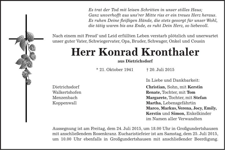 Traueranzeige Konrad Kronthaler