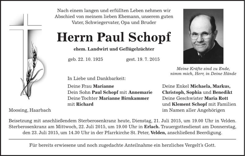 Traueranzeige Paul Schopf