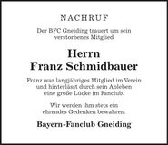 Traueranzeige Franz Schmidbauer
