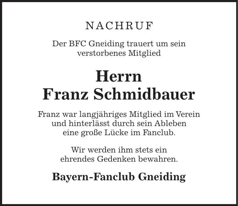 Traueranzeige Franz Schmidbauer