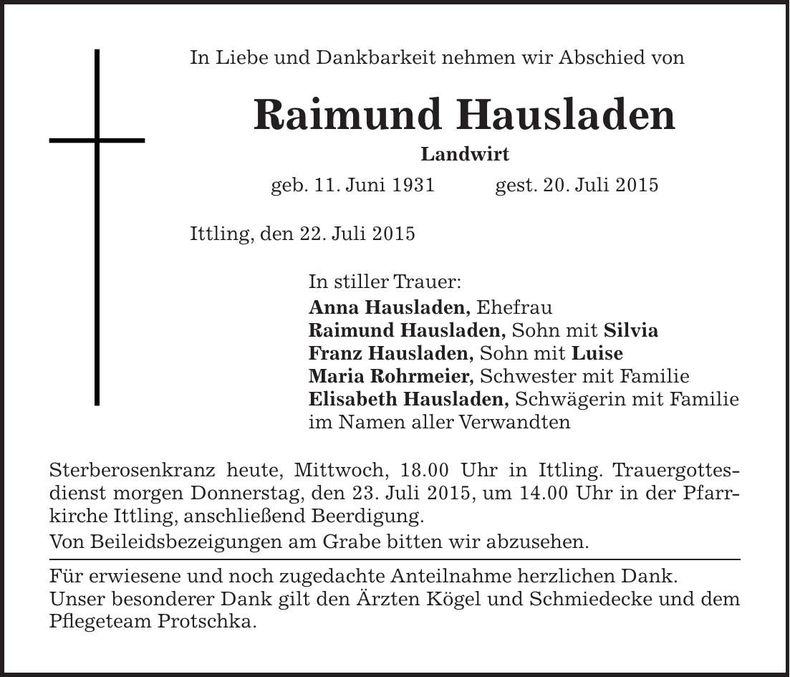 Traueranzeige Raimund Hausladen