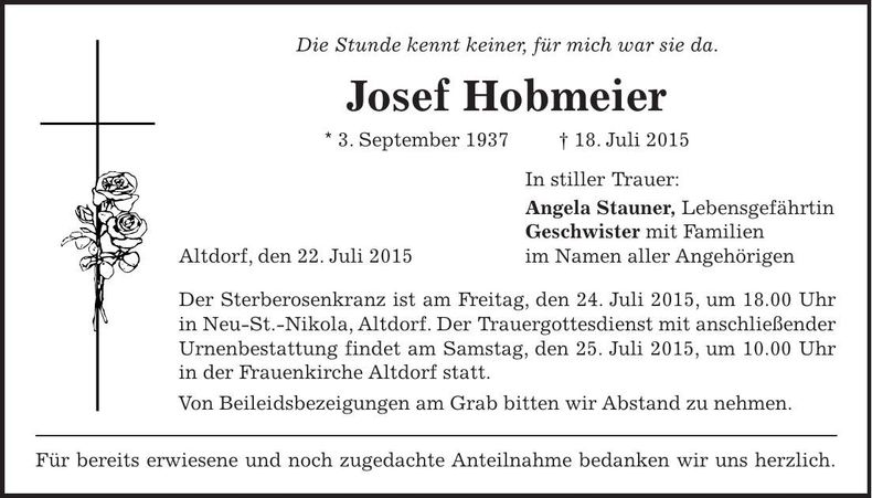 Traueranzeige Josef Hobmeier