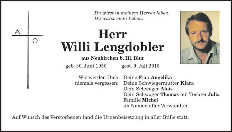 Traueranzeige Willi Lengdobler
