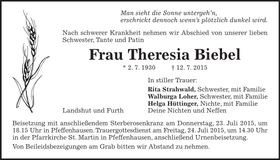 Traueranzeige Theresia Biebel