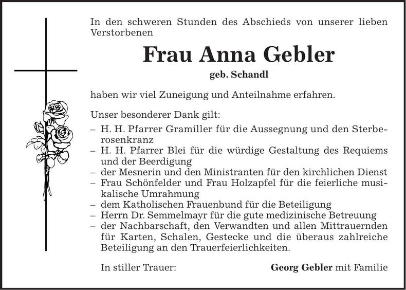Traueranzeige Anna Gebler