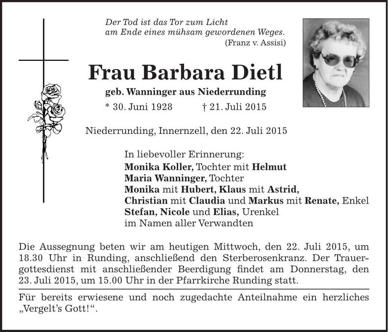 Traueranzeige Barbara Dietl