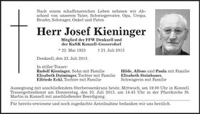 Traueranzeige Josef Kieninger