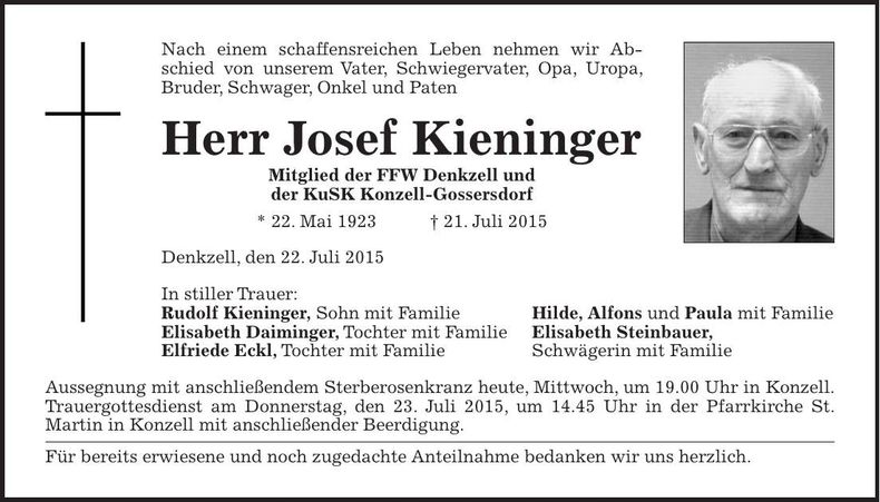 Traueranzeige Josef Kieninger