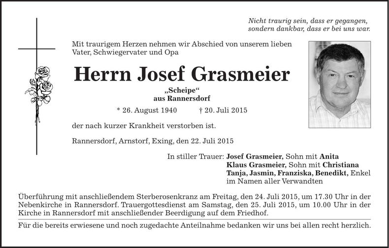 Traueranzeige Josef Grasmeier