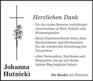 Traueranzeige Johanna Hutnicki