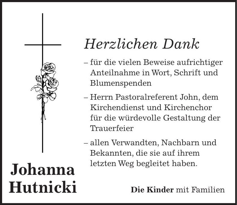 Traueranzeige Johanna Hutnicki
