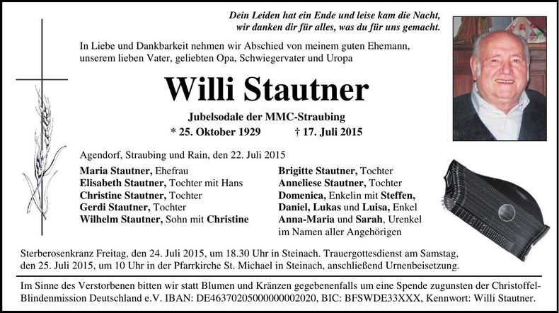 Traueranzeige Willi Stautner