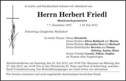 Traueranzeige Herbert Friedl