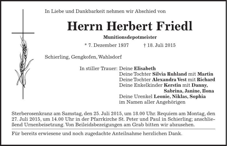 Traueranzeige Herbert Friedl