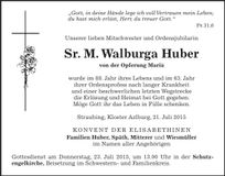Traueranzeige M. Walburga Sr. Huber