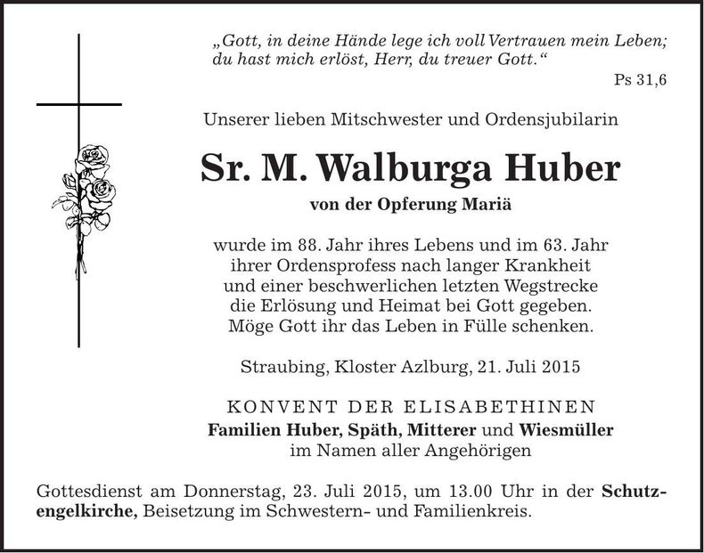 Traueranzeige M. Walburga Sr. Huber