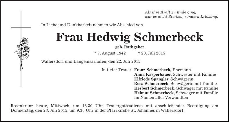 Traueranzeige Hedwig Schmerbeck