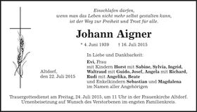 Traueranzeige Johann Aigner