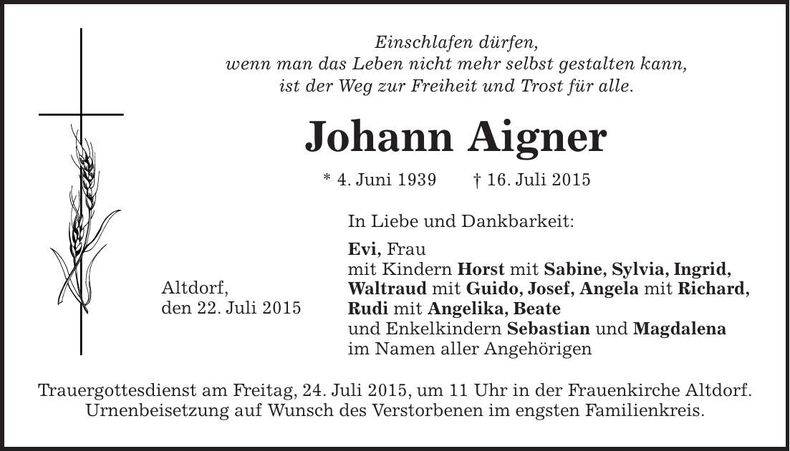 Traueranzeige Johann Aigner