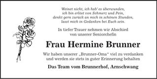 Traueranzeige Hermine Brunner